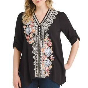 April Sky 3X Tunic Blouse Black Boho Floral Geometric Embroidered Sharkbite Hem
